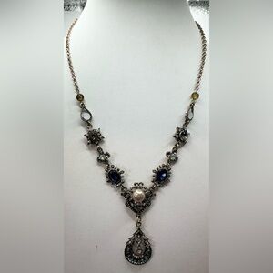 CHARMING CHARLIE BLUE AB RHINESTONE VICTORIAN LARIAT STYLE PENDANT NECKLACE